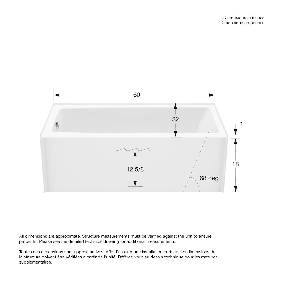 Baignoire en alcôve rectangulaire Nomad 60L x 32W x 18H AcrylX en blanc, drain à gauche, avec profondeur de trempage de 12 5/8 pouces