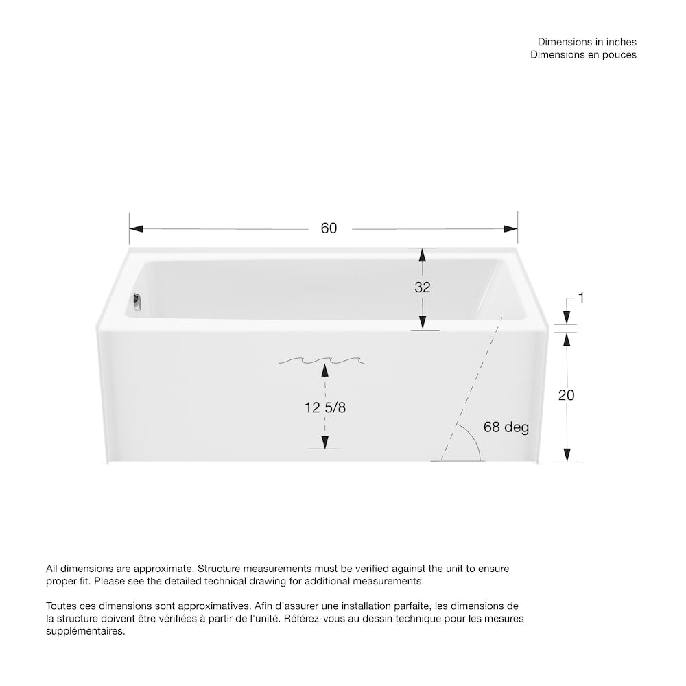 Baignoire en alcôve rectangulaire Nomad AFR 60L x 32W x 20H AcrylX, drain à gauche, en blanc avec profondeur de trempage de 12 5/8 pouces