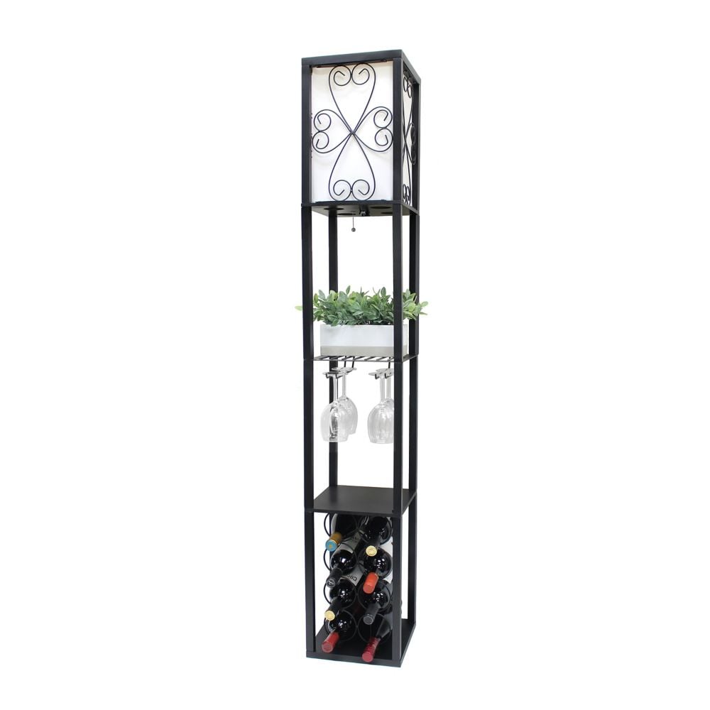 62.75 inch Black Floor Lamp Etagere Organizer Storage Shelf and Wine Rack
