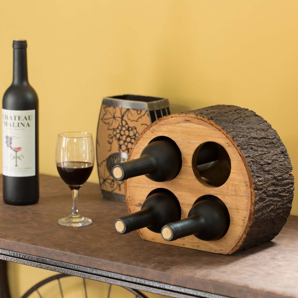 Support de comptoir à vin pour 4 bouteilles en bois rond avec écorce