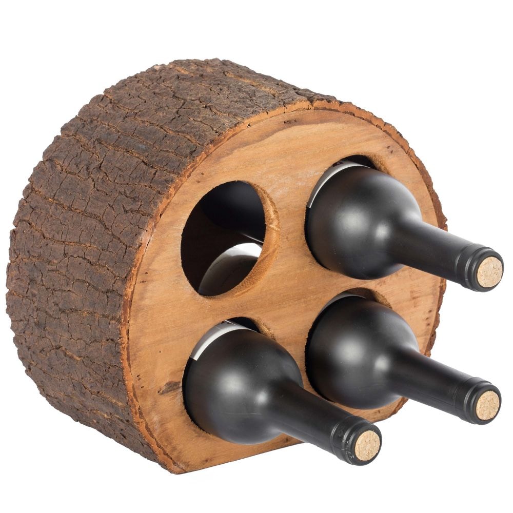 Support de comptoir à vin pour 4 bouteilles en bois rond avec écorce