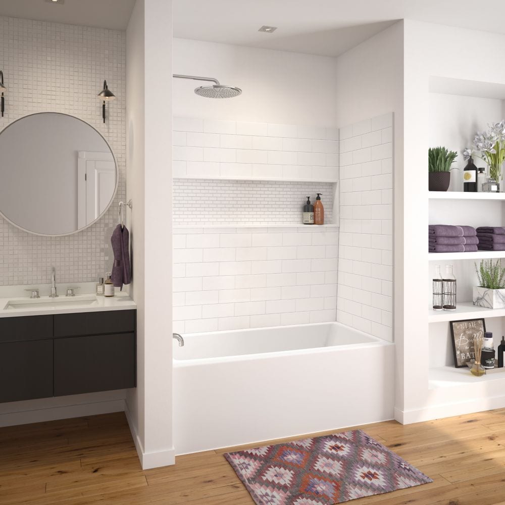 Ensemble de douche pour baignoire NexTile de 60 po L x 30 po l x 81,25 po H avec contour de baignoire en carreaux de métro blancs, niche intégrée, baignoire AcrylX avec drain à gauche et revêtement brut au-dessus du sol