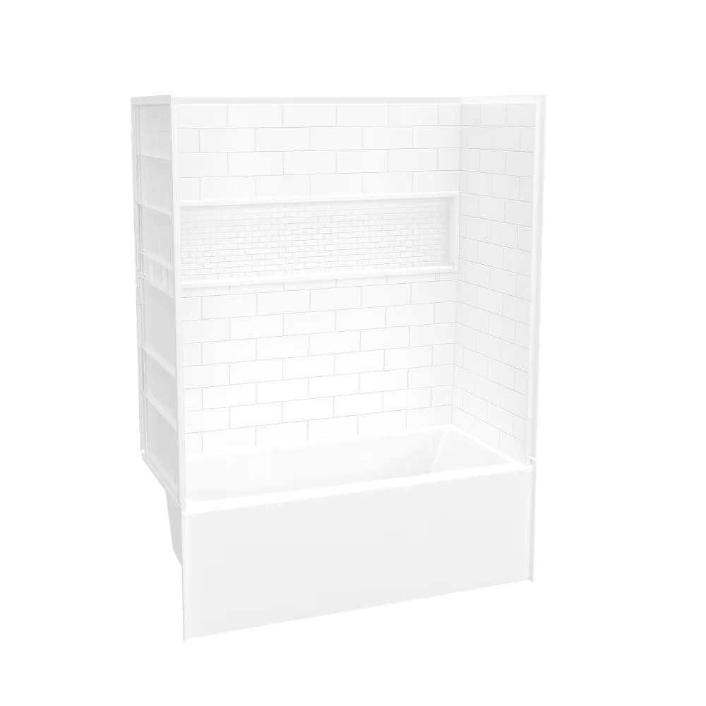 Ensemble de douche pour baignoire NexTile de 60 po L x 30 po l x 81,25 po H avec contour de baignoire en carreaux de métro blancs, niche intégrée, baignoire AcrylX avec drain à gauche et revêtement brut au-dessus du sol