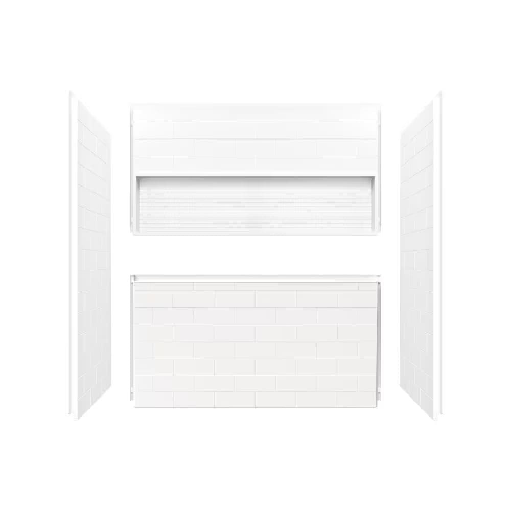 Ensemble de douche pour baignoire NexTile de 60 po L x 30 po l x 81,25 po H avec contour de baignoire en carreaux de métro blancs, niche intégrée, porte coulissante noire mate, baignoire AcrylX avec drain à gauche et revêtement brut au-dessus du sol
