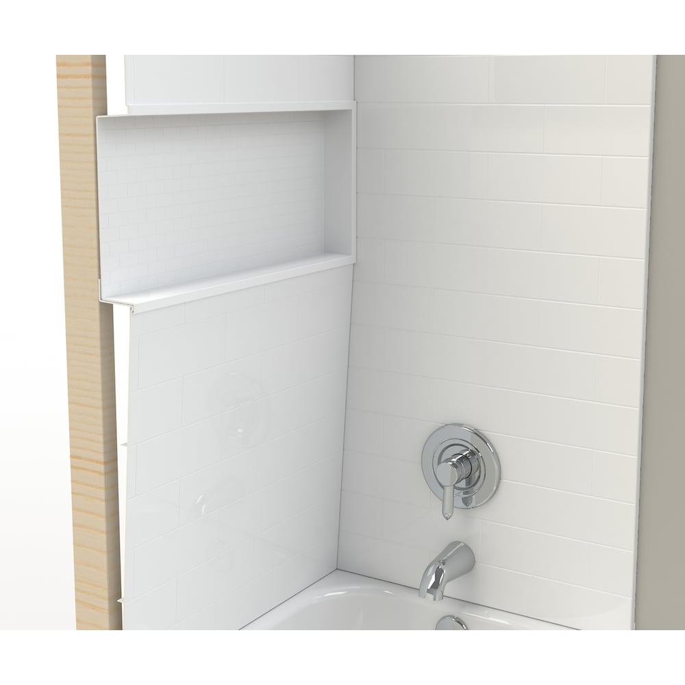 Ensemble de douche pour baignoire NexTile de 60 po L x 30 po l x 81,25 po H avec contour de baignoire en carreaux de métro blancs, niche intégrée, porte coulissante noire mate, baignoire AcrylX avec drain à gauche et revêtement brut au-dessus du sol