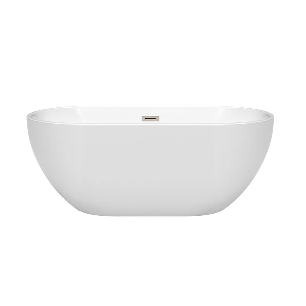 Brooklyn 60 inch Freestanding Bathtub in White with Brushed Nickel Drain and Overflow Trim