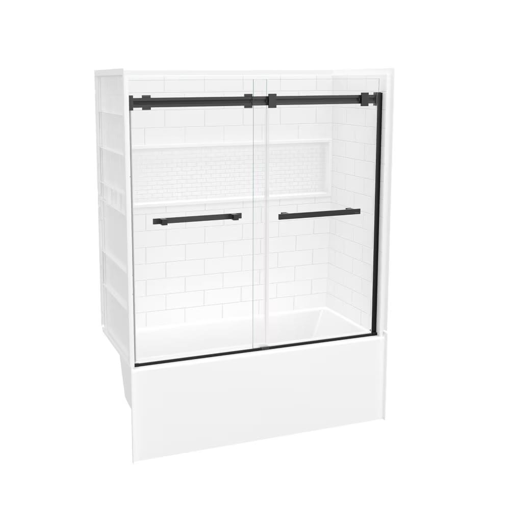 Ensemble de douche pour baignoire NexTile de 60 po L x 30 po l x 81,25 po H avec contour de baignoire en carreaux de métro blancs, niche intégrée, porte coulissante noire mate, baignoire AcrylX avec drain à gauche et revêtement brut au-dessus du sol