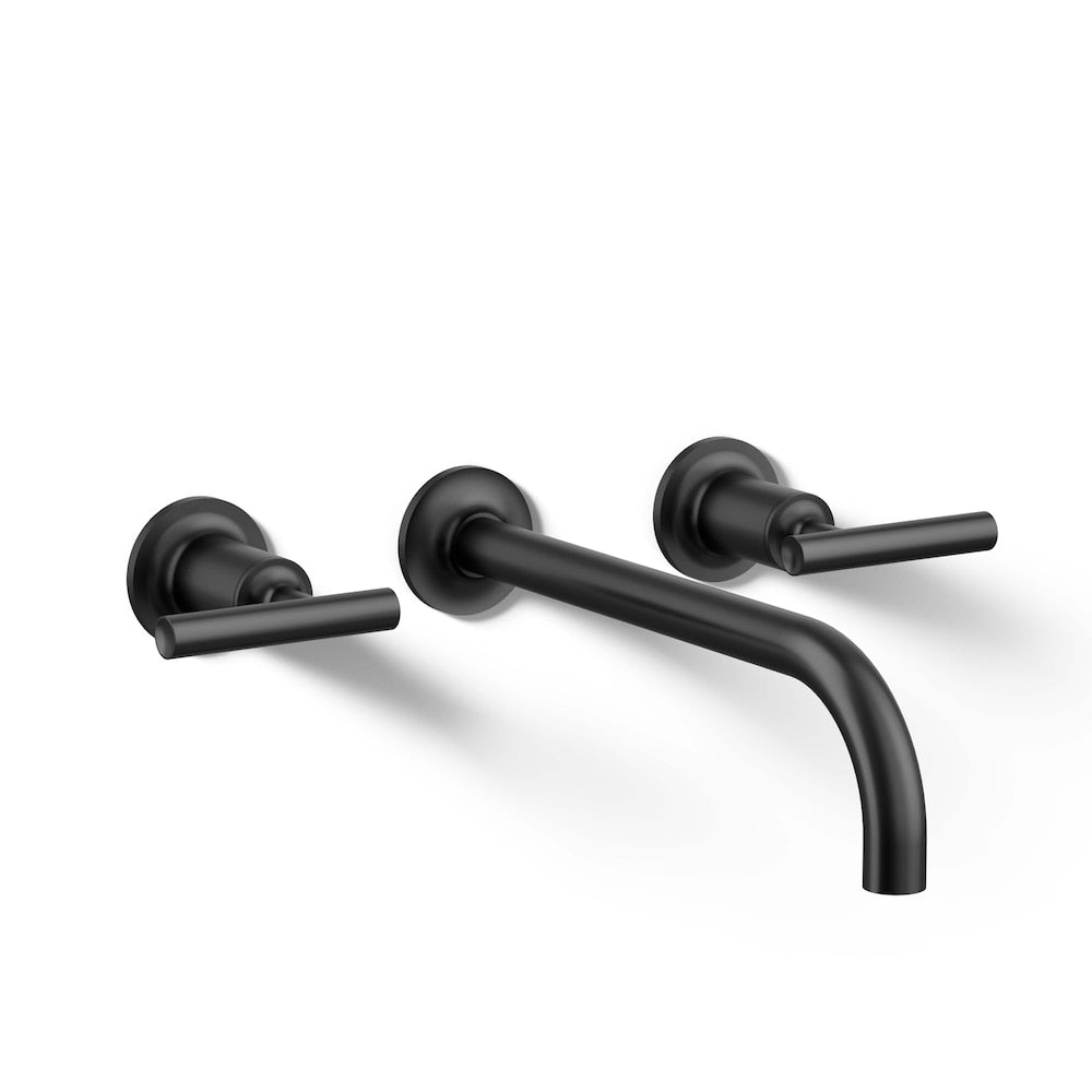 Purist Wall-mount bathroom sink faucet trim with 9-inch, 90-degree angle spout and lever handles, requires valve