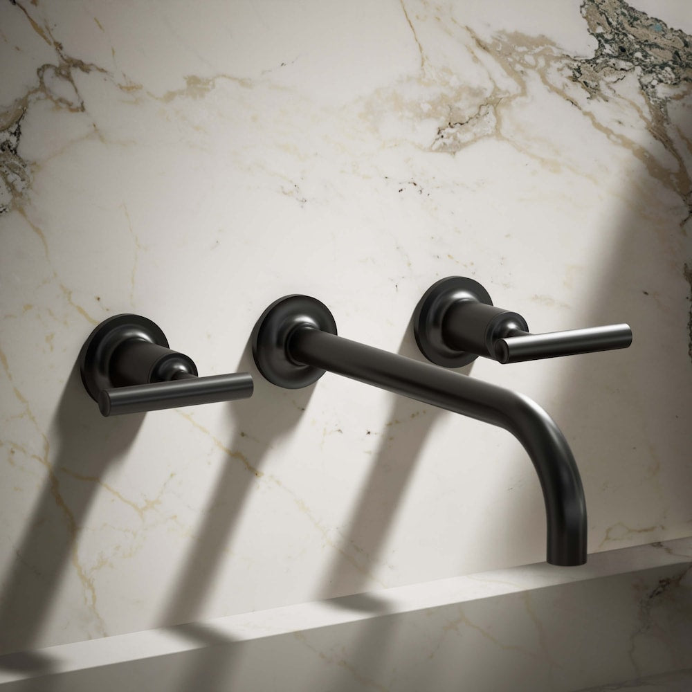 Robinet de lavabo mural Purist avec bec de 9 pouces à angle de 90 degrés et poignées à levier, nécessite une vanne