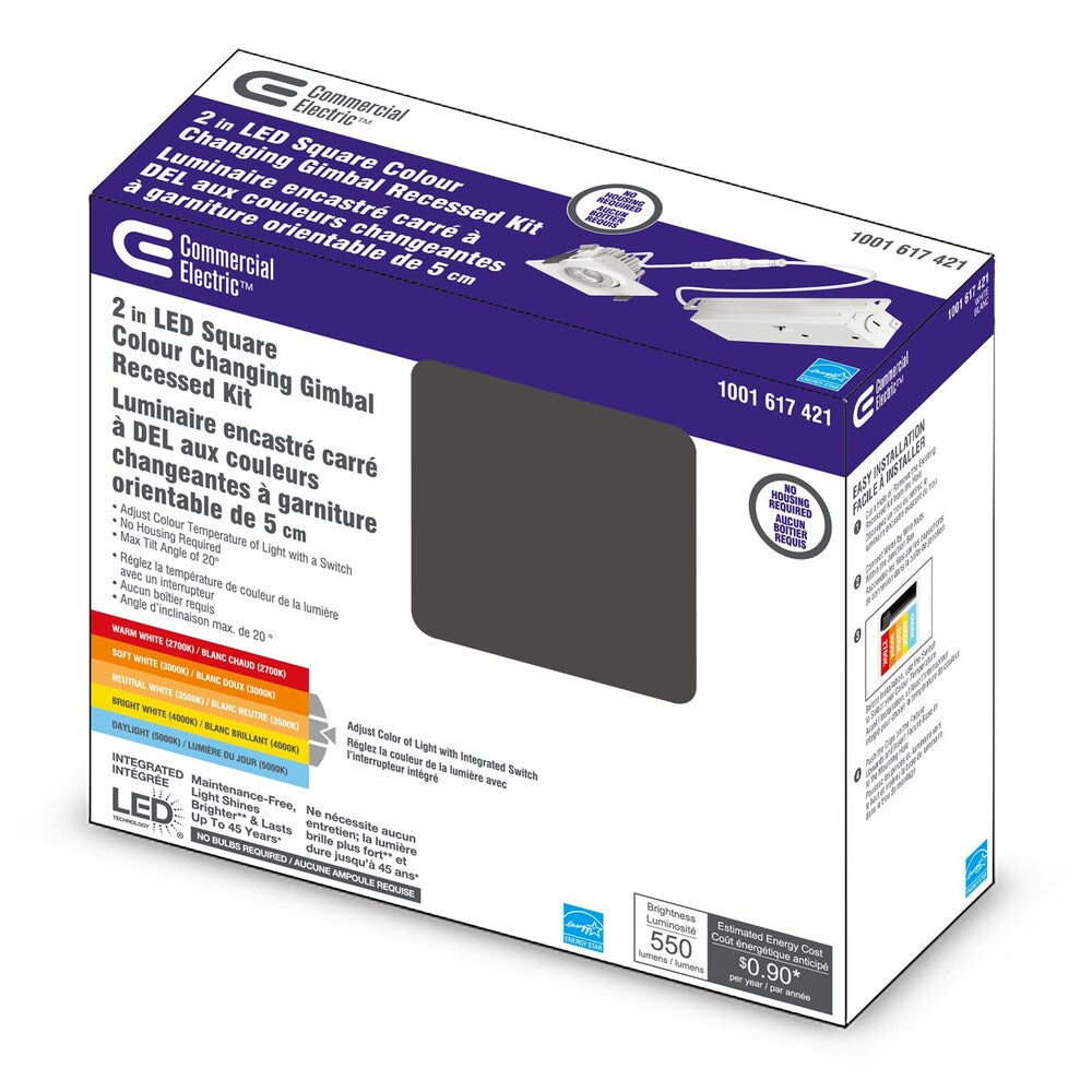 Kit de spot encastré carré à LED intégré de 2 pouces, 60 W équivalent, blanc, changement de couleur, 1 paquet