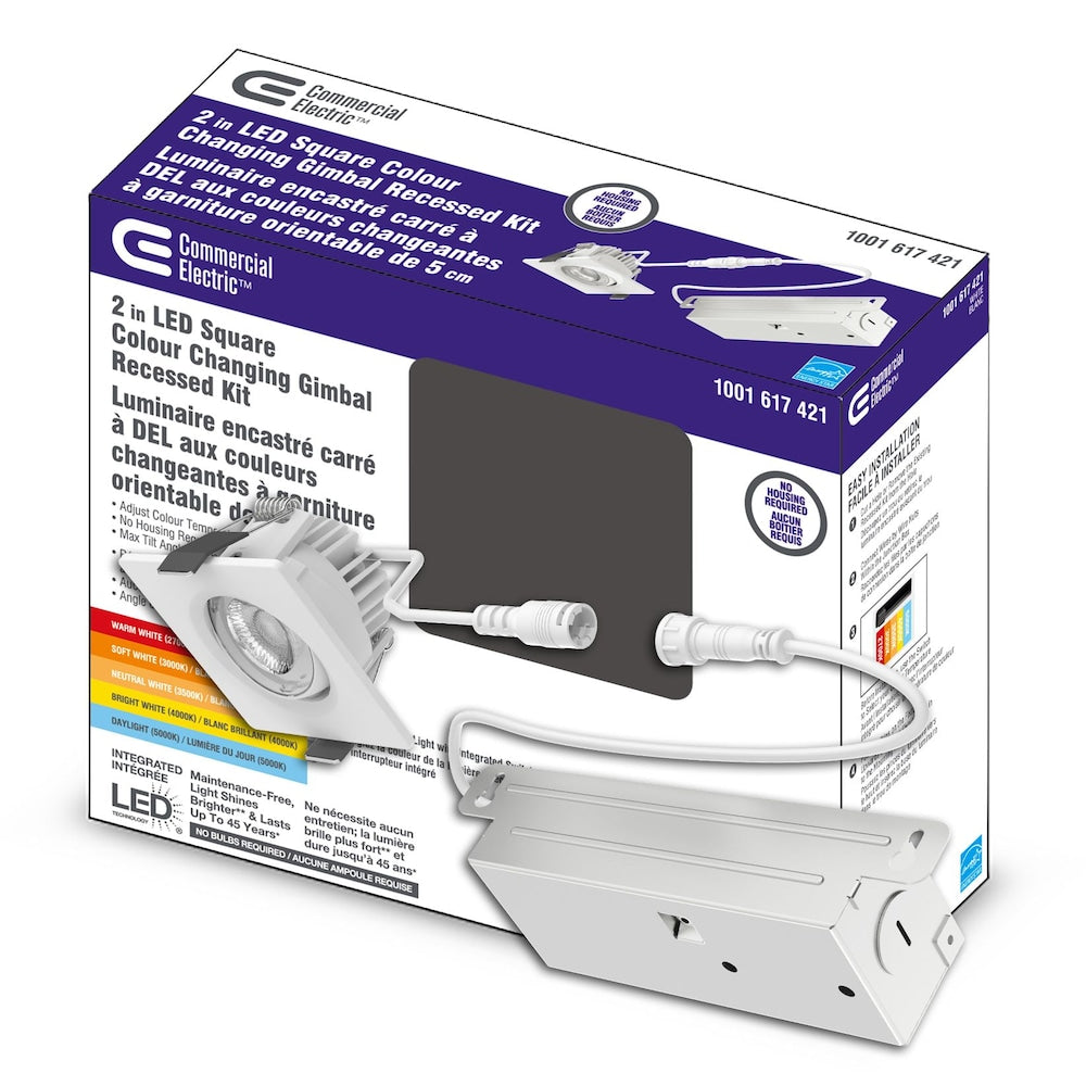 Kit de spot encastré carré à LED intégré de 2 pouces, 60 W équivalent, blanc, changement de couleur, 1 paquet