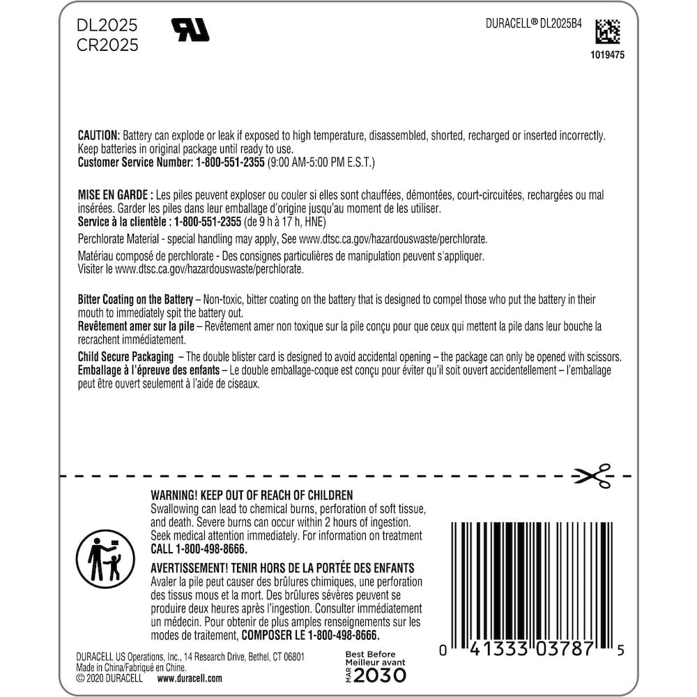 2025 Lithium Coin Battery with bitter coating, CR2025 battery, 4 Pack