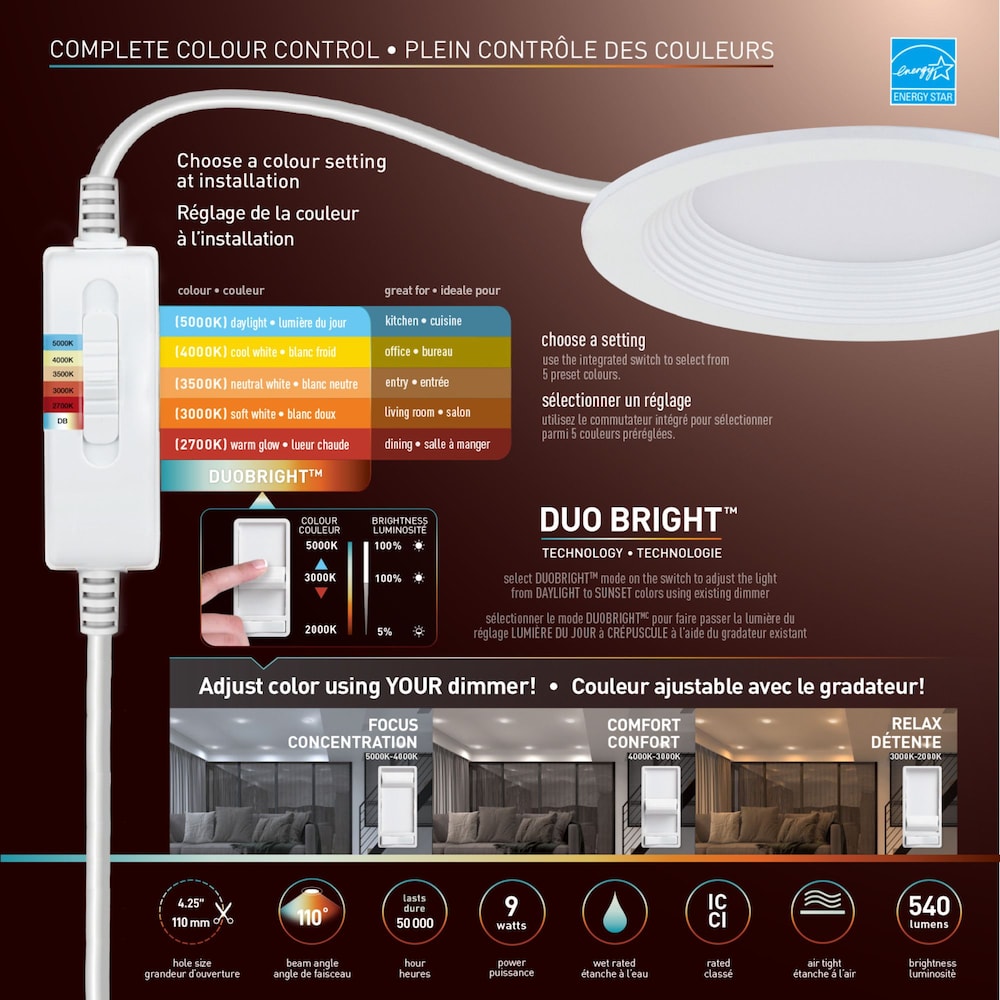 Kit d'éclairage encastré à DEL intégré DuoBright Slim True Baffle de 4 pouces avec température de couleur sélectionnable