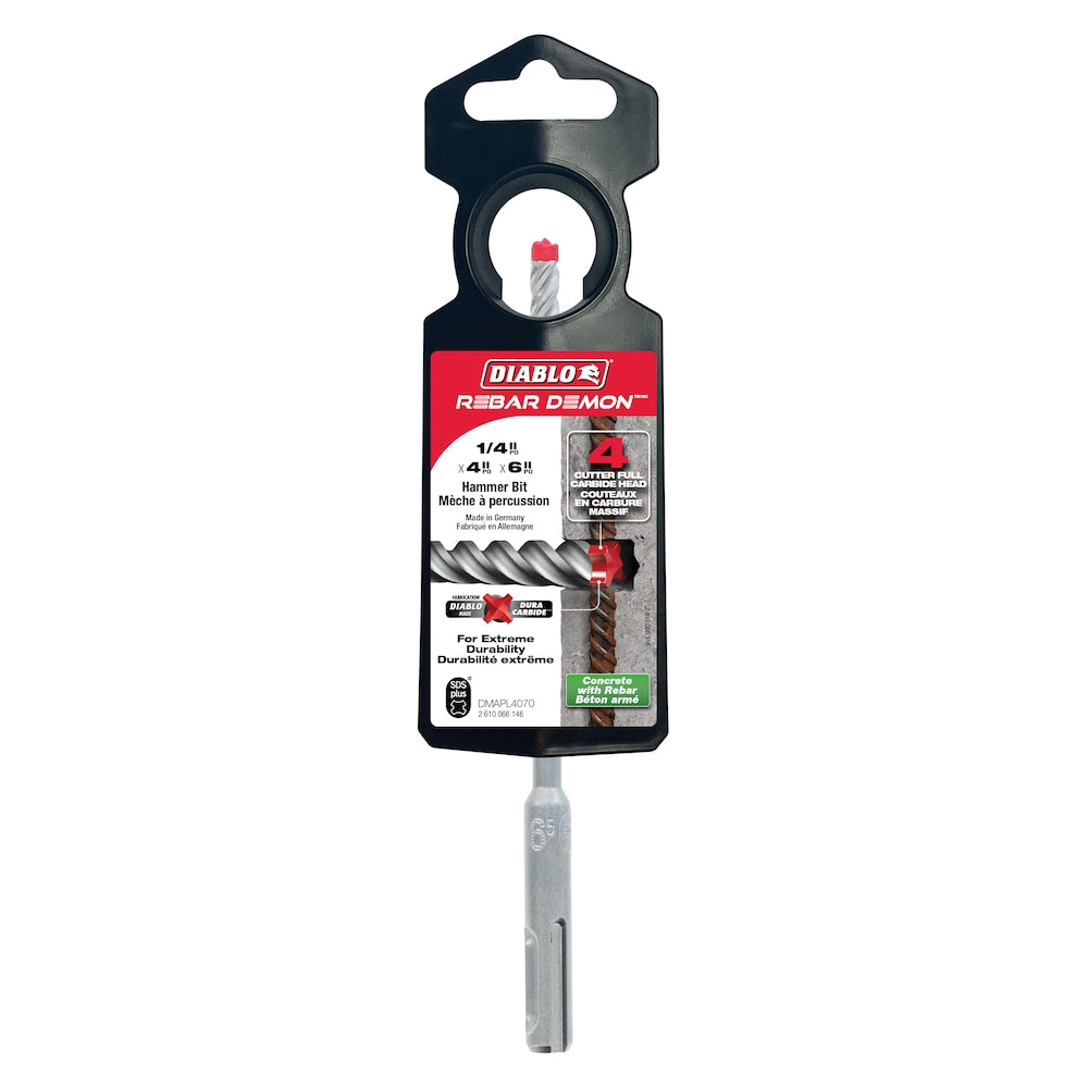 Rebar Demon Foret à percussion à tête entièrement en carbure SDS-Plus à 4 couteaux, 1/4 po x 4 po x 6 po pour le perçage du béton et des barres d'armature