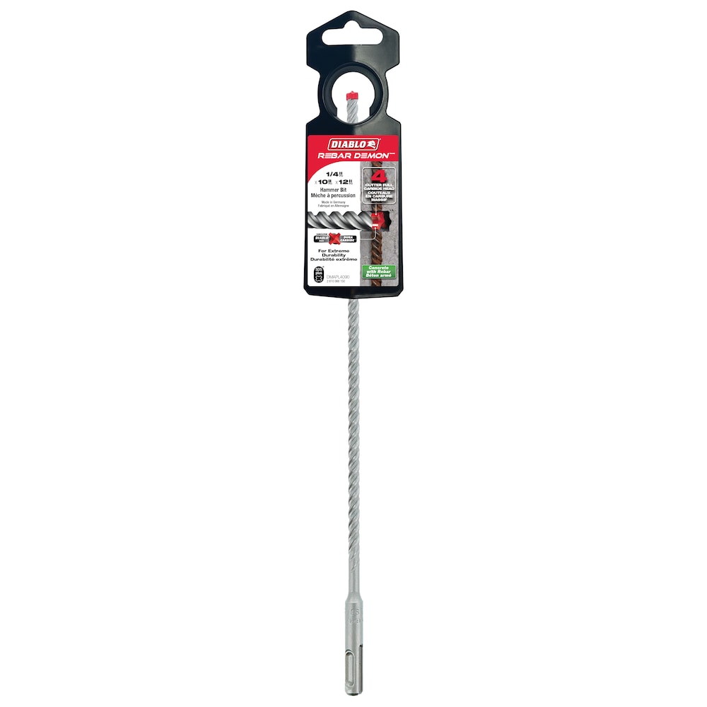 Foret à percussion à tête entièrement en carbure SDS-Plus 4-Cutter Rebar Demon 1/4 po x 10 po x 12 po pour le perçage du béton et des barres d'armature