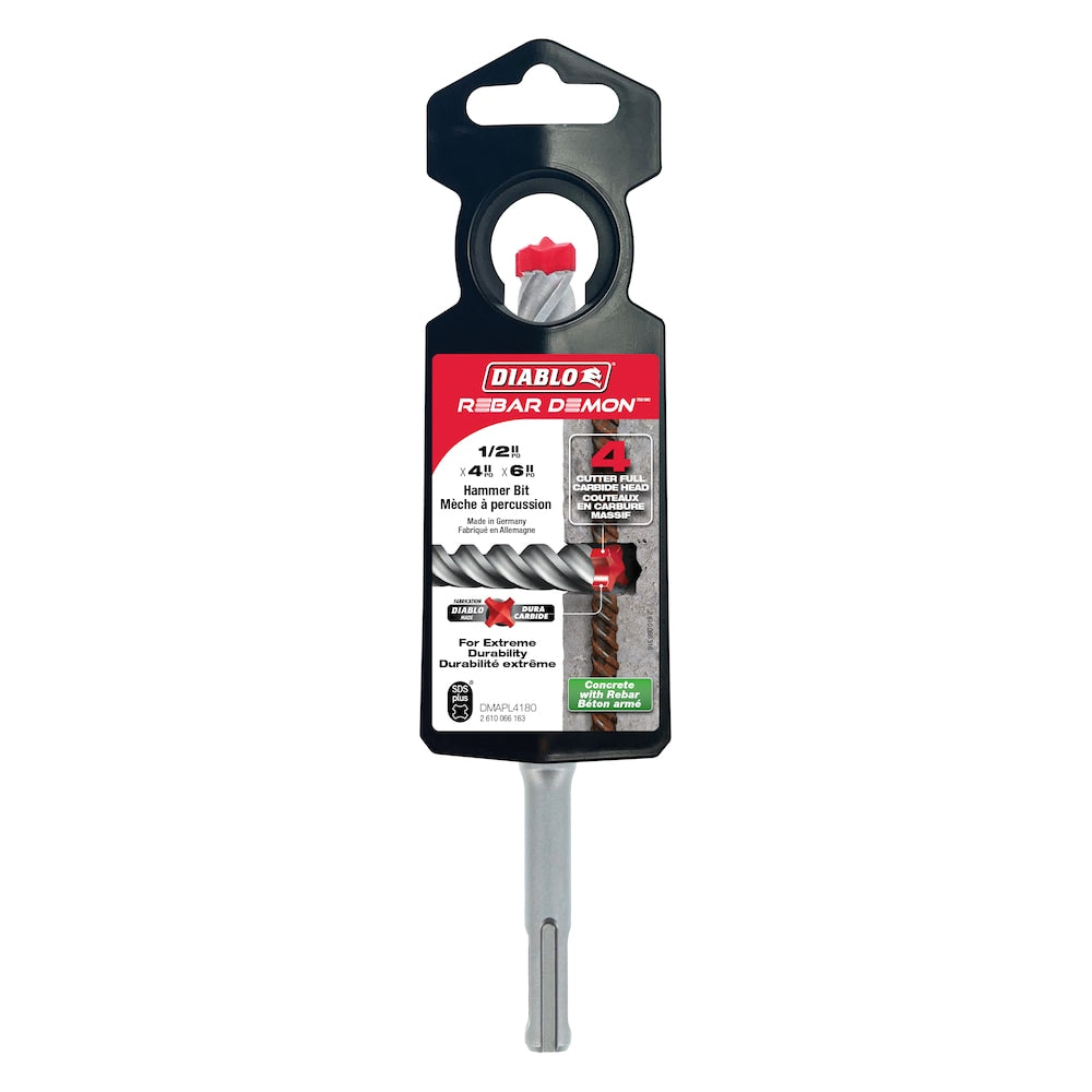 Rebar Demon Foret à percussion à tête entièrement en carbure SDS-Plus à 4 couteaux, 1/2 po x 4 po x 6 po pour le perçage du béton et des barres d'armature