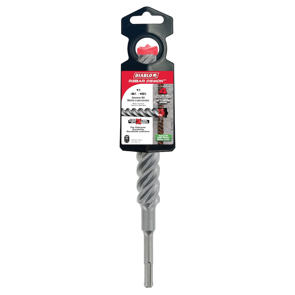 Rebar Demon Foret à percussion à tête entièrement en carbure SDS-Plus à 4 couteaux de 1 po x 8 po x 10 po pour le perçage du béton/des barres d'armature