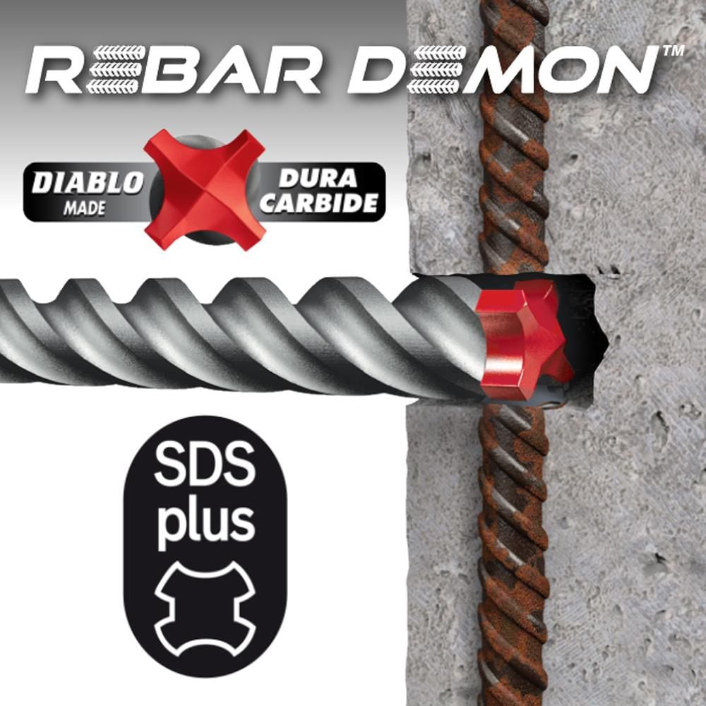 Foret à percussion à tête entièrement en carbure SDS-Plus à 4 tranchants Rebar Demon 1 1/8 po x 16 po x 18 po pour le perçage du béton et des barres d'armature
