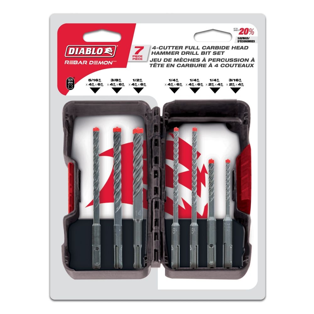 Rebar Demon Kit de 4 forets à pointe en carbure SDS Plus pour coupe de béton/barres d'armature (7 pièces) 1/2-3/16" x 2-4" x 4-6"