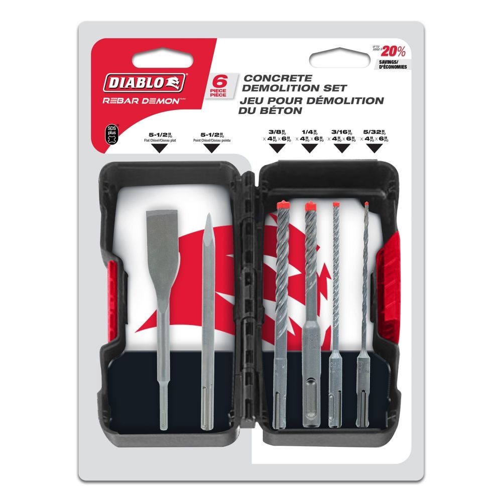 Rebar Demon 5/32-3/8-Inch x 4-Inch x 6-Inch Carbide Tipped 4 Cutter SDS Plus Hammer Drill Bit/Chisel Kit/Set for Concrete/Rebar Cutting (6 Pieces)
