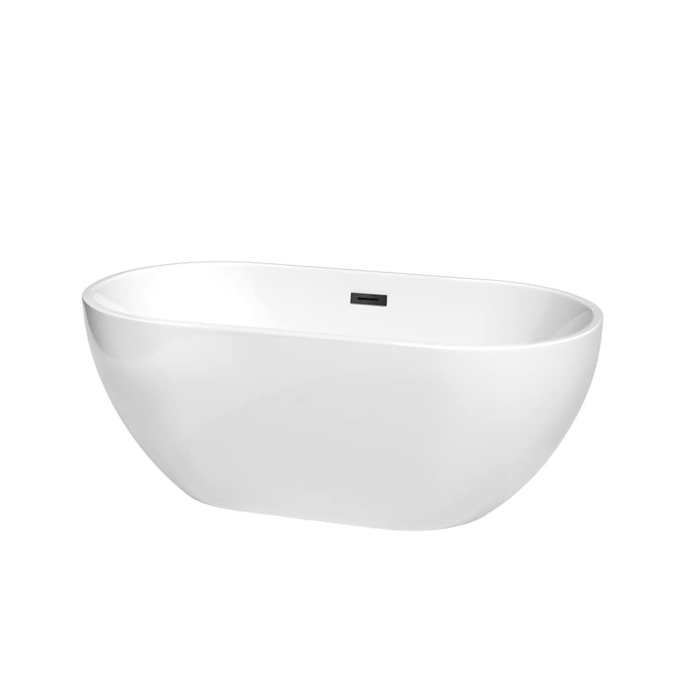 Baignoire autoportante Brooklyn de 60 pouces en blanc avec drain noir mat et garniture de trop-plein