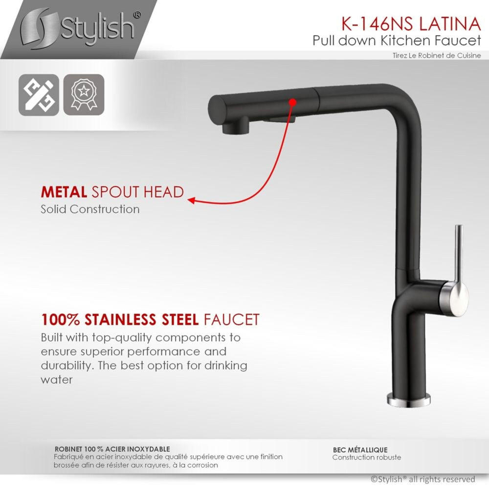 Kitchen Sink Faucet Single Handle Pull Down Stainless Steel Matte Black with Silver Base and Handle