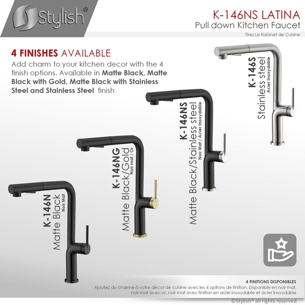 Kitchen Sink Faucet Single Handle Pull Down Stainless Steel Matte Black with Silver Base and Handle