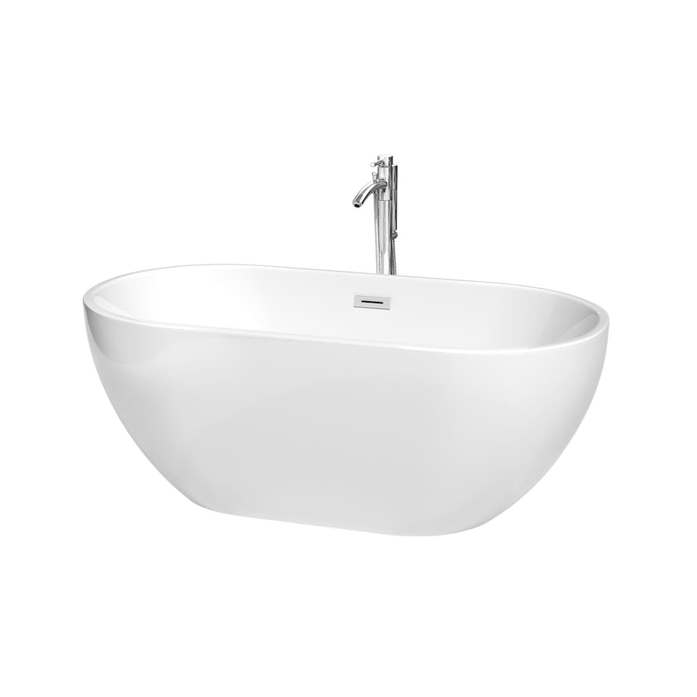 Baignoire autoportante Brooklyn de 60 pouces en blanc avec robinet au sol et garniture en chrome poli