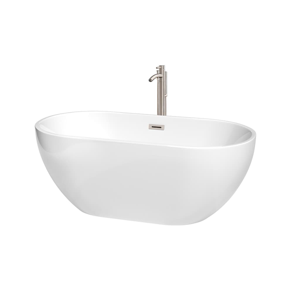 Brooklyn 60 inch Freestanding Bathtub in White w/ Floor Mounted Faucet and Trim in Brushed Nickel