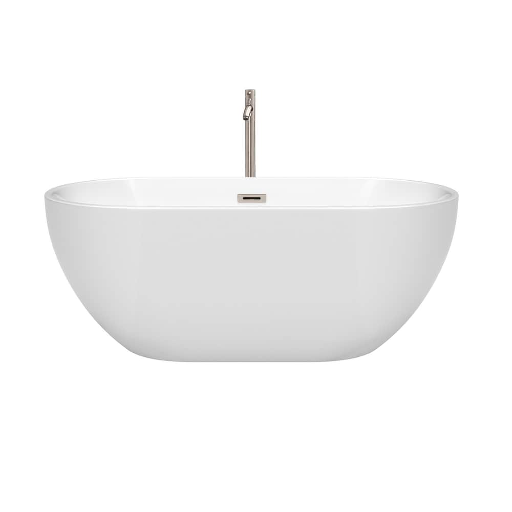 Brooklyn 60 inch Freestanding Bathtub in White w/ Floor Mounted Faucet and Trim in Brushed Nickel