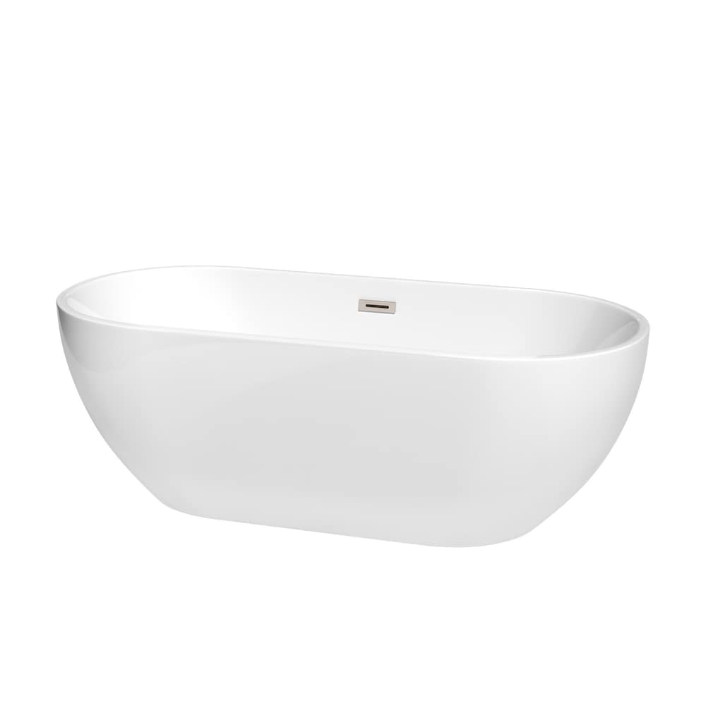 Baignoire autoportante Brooklyn de 67 pouces en blanc avec drain et garniture de trop-plein en nickel brossé