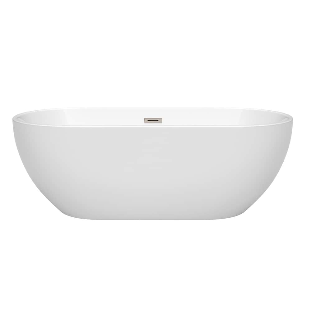 Baignoire autoportante Brooklyn de 67 pouces en blanc avec drain et garniture de trop-plein en nickel brossé