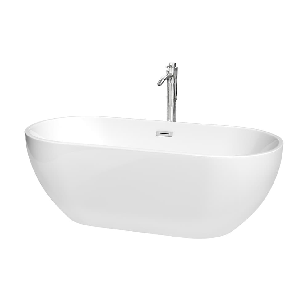 Baignoire autoportante Brooklyn de 67 pouces en blanc avec robinet au sol et garniture en chrome poli