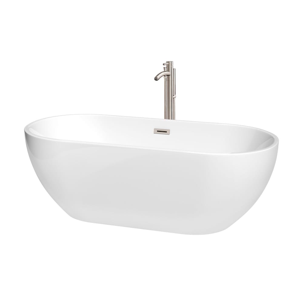 Brooklyn 67 inch Freestanding Bathtub in White w/ Floor Mounted Faucet and Trim in Brushed Nickel