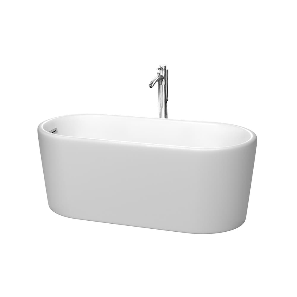 Ursula 59 inch Freestanding Matte White Bathtub w/ Floor Mounted Faucet and Trim in Polished Chrome