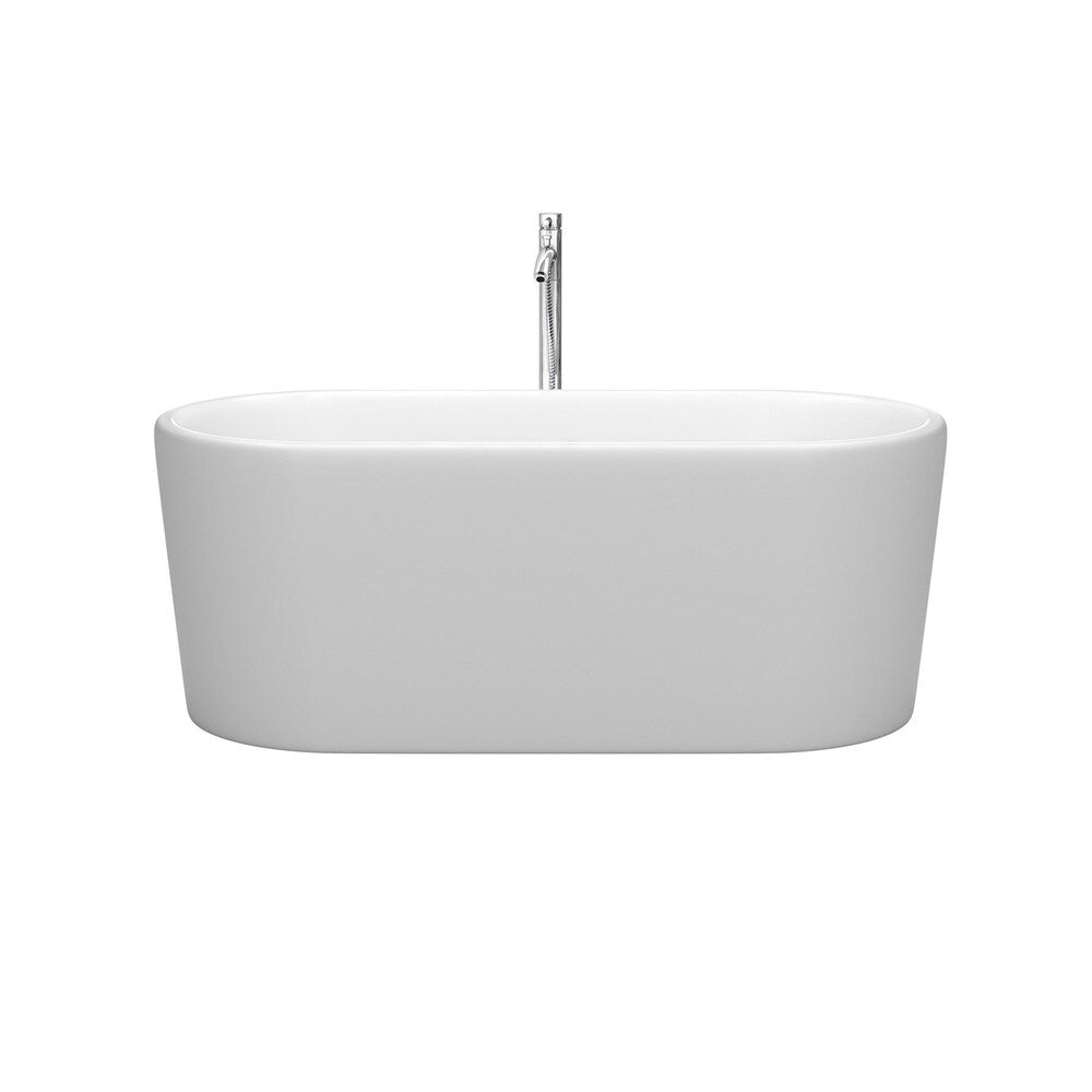 Ursula 59 inch Freestanding Matte White Bathtub w/ Floor Mounted Faucet and Trim in Polished Chrome