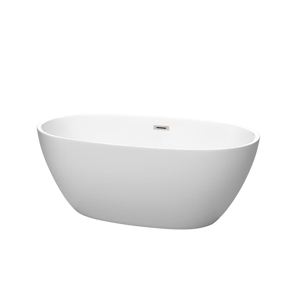 Juno 59 inch Freestanding Matte White Bathtub with Brushed Nickel Drain and Overflow Trim