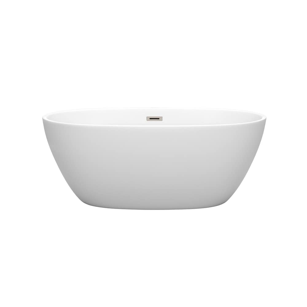 Juno 59 inch Freestanding Matte White Bathtub with Brushed Nickel Drain and Overflow Trim
