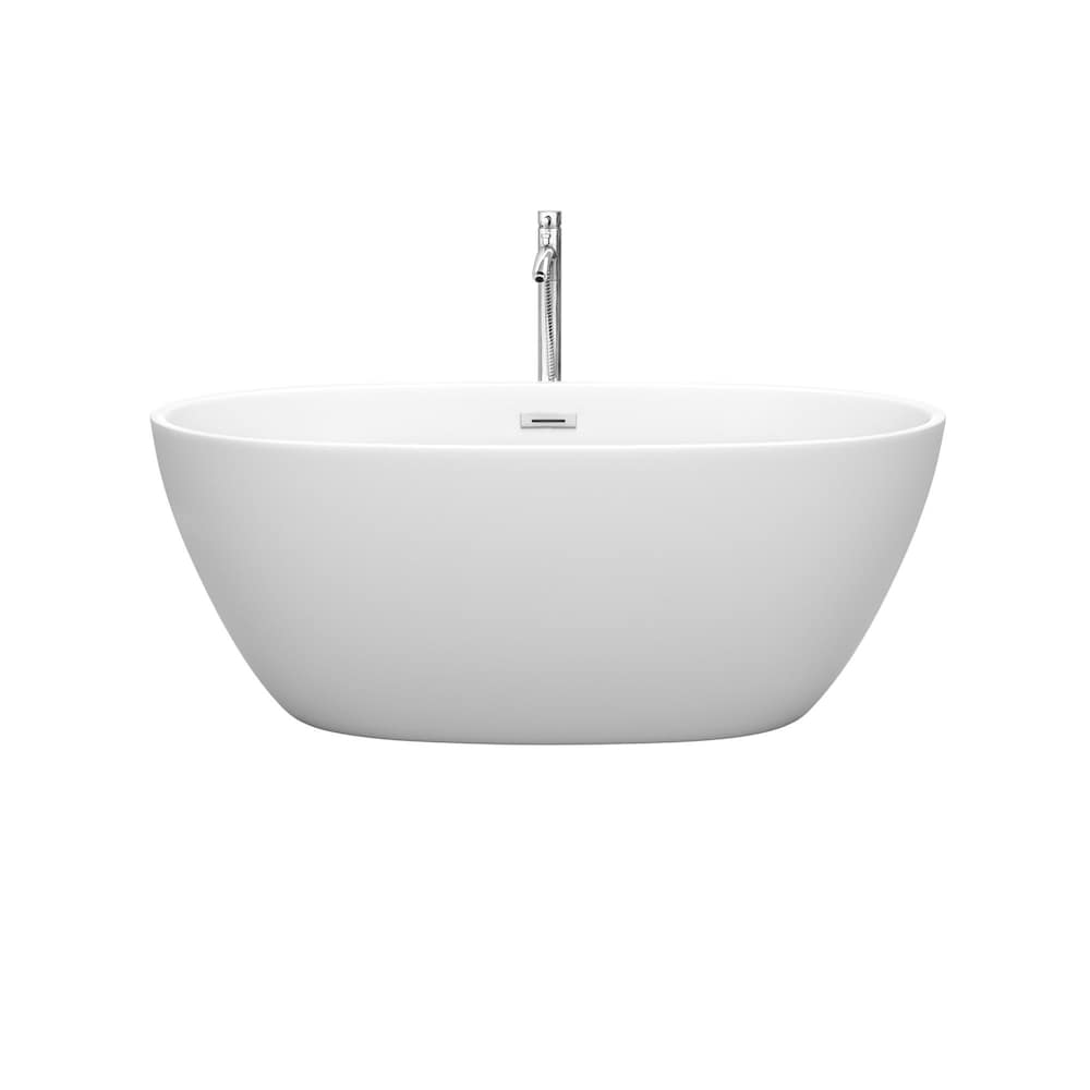 Baignoire autoportante Juno de 59 pouces en blanc mat avec robinet au sol et garniture en chrome poli