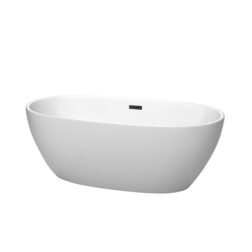 Baignoire autoportante Juno de 63 pouces en blanc mat avec drain noir mat et garniture de trop-plein