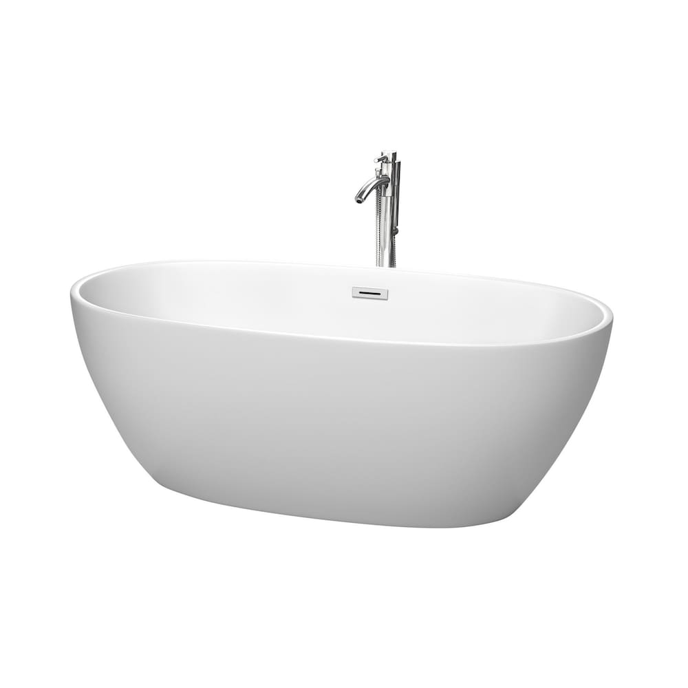 Juno 63 inch Freestanding Matte White Bathtub w/ Floor Mounted Faucet and Trim in Polished Chrome