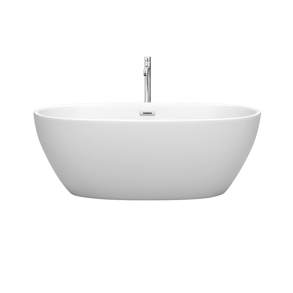 Juno 63 inch Freestanding Matte White Bathtub w/ Floor Mounted Faucet and Trim in Polished Chrome