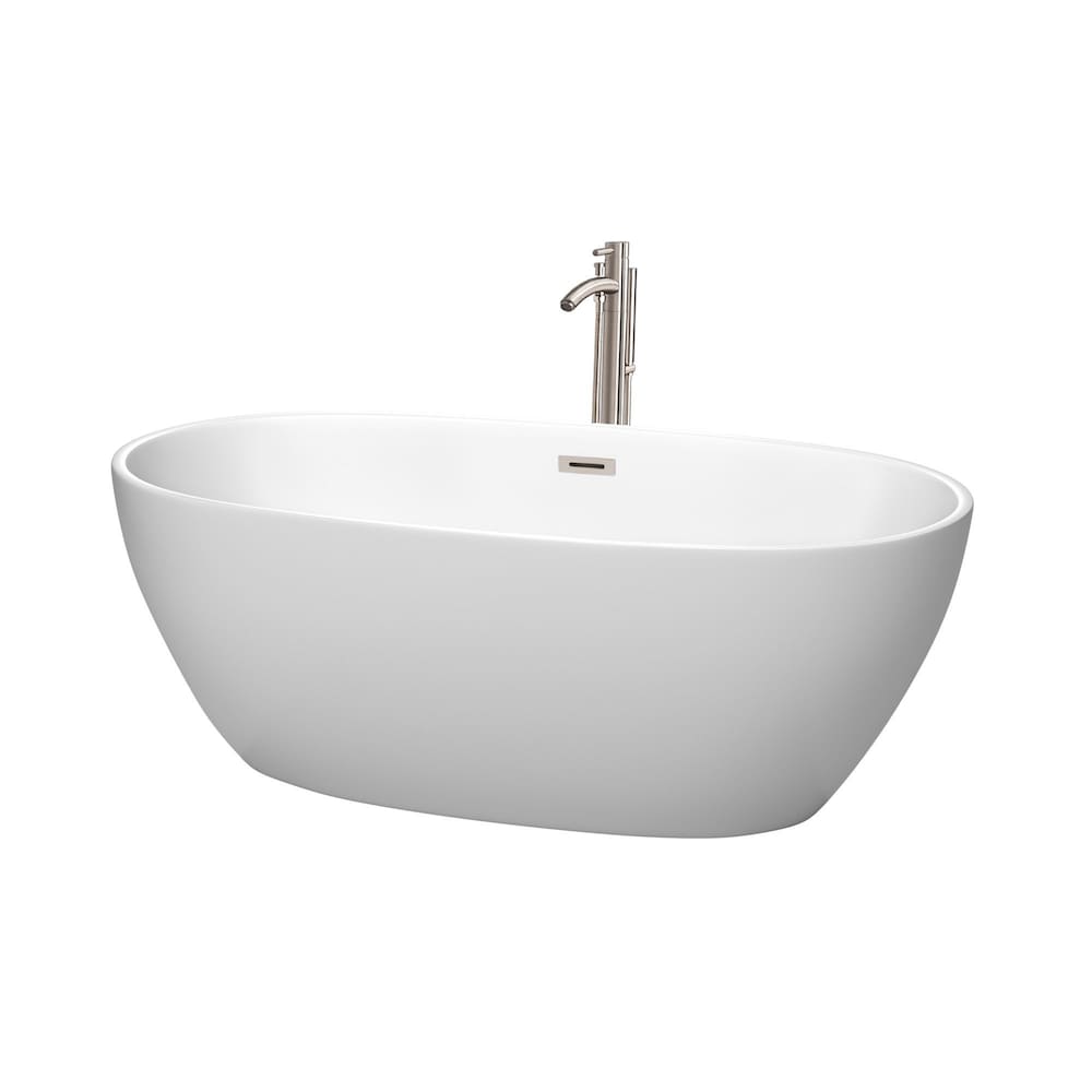 Juno 63 inch Freestanding Matte White Bathtub w/ Floor Mounted Faucet and Trim in Brushed Nickel