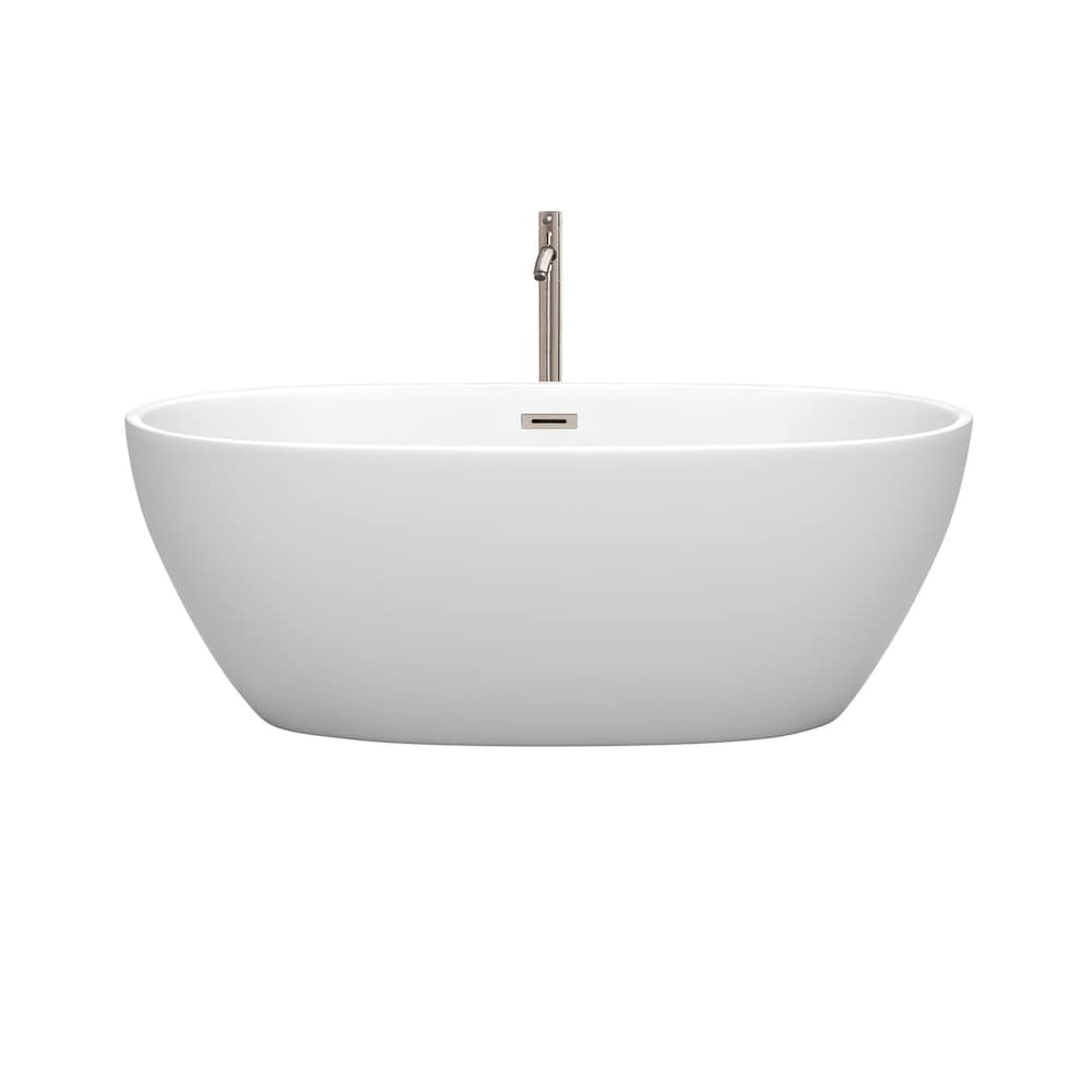 Juno 63 inch Freestanding Matte White Bathtub w/ Floor Mounted Faucet and Trim in Brushed Nickel