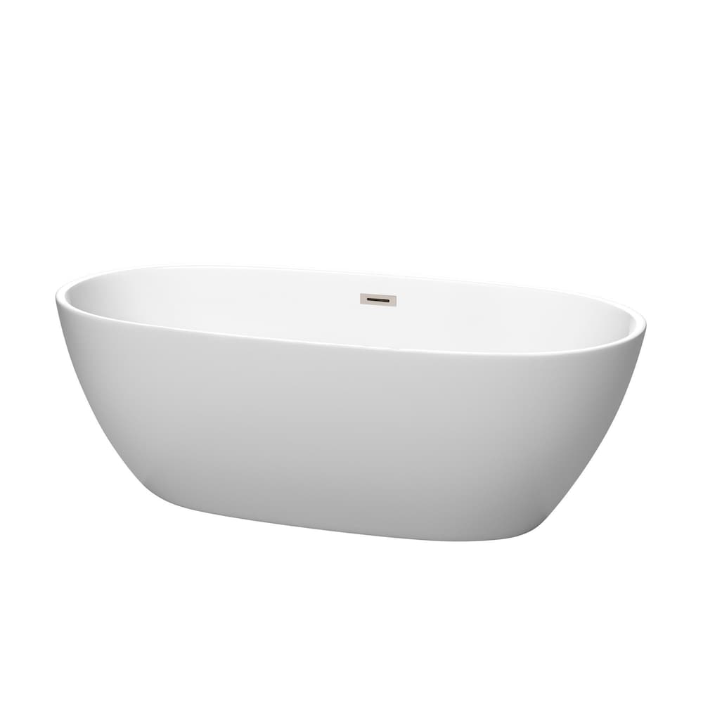 Baignoire autoportante Juno de 67 pouces en blanc mat avec drain en nickel brossé et garniture de trop-plein