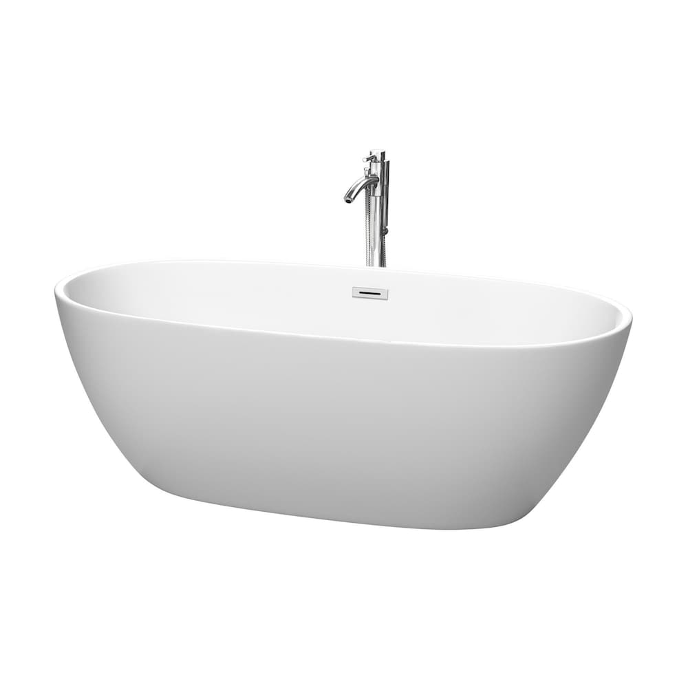 Juno 67 inch Freestanding Matte White Bathtub w/ Floor Mounted Faucet and Trim in Polished Chrome