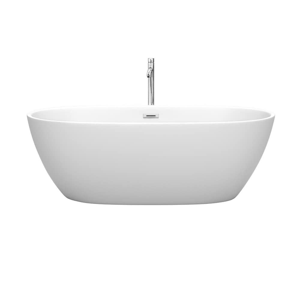 Juno 67 inch Freestanding Matte White Bathtub w/ Floor Mounted Faucet and Trim in Polished Chrome