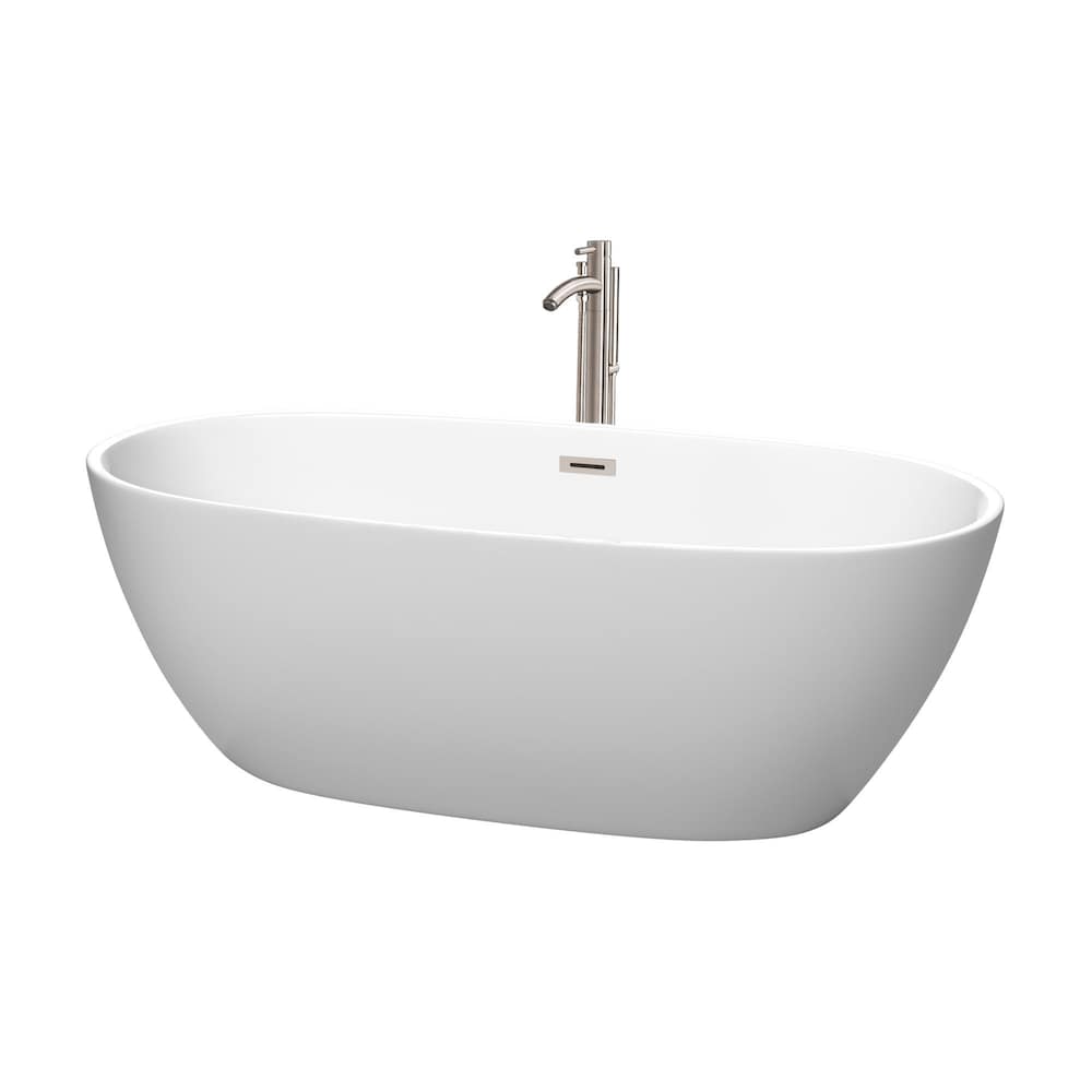 Juno 67 inch Freestanding Matte White Bathtub w/ Floor Mounted Faucet and Trim in Brushed Nickel