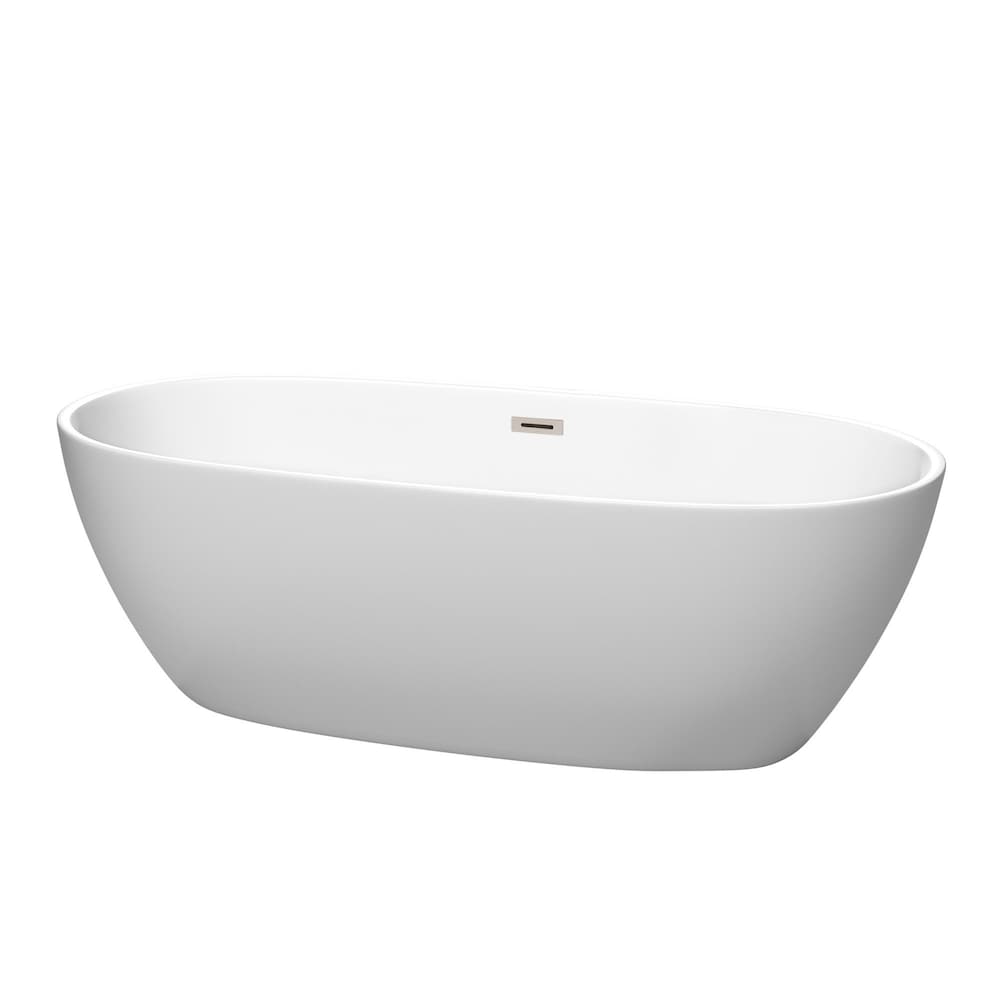 Juno 71 inch Freestanding Matte White Bathtub with Brushed Nickel Drain and Overflow Trim