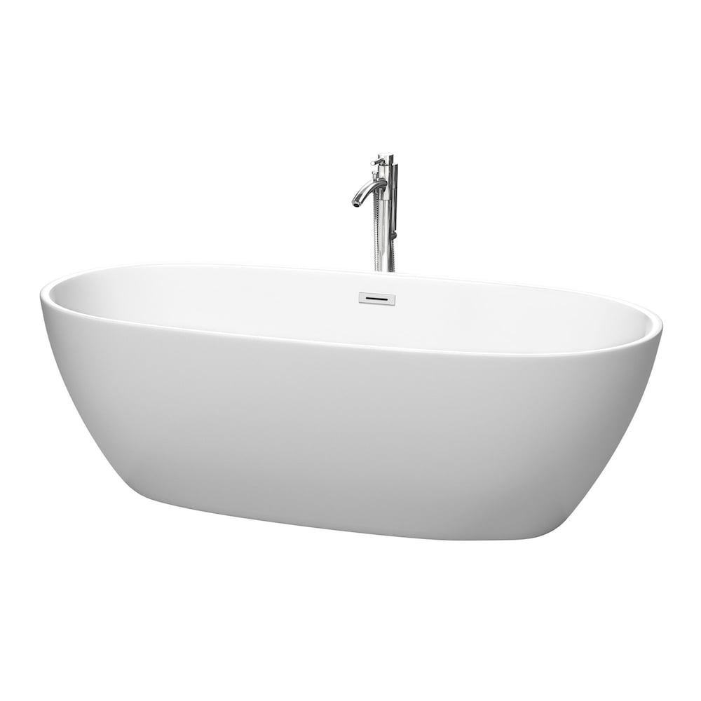 Juno 71 inch Freestanding Matte White Bathtub w/ Floor Mounted Faucet and Trim in Polished Chrome